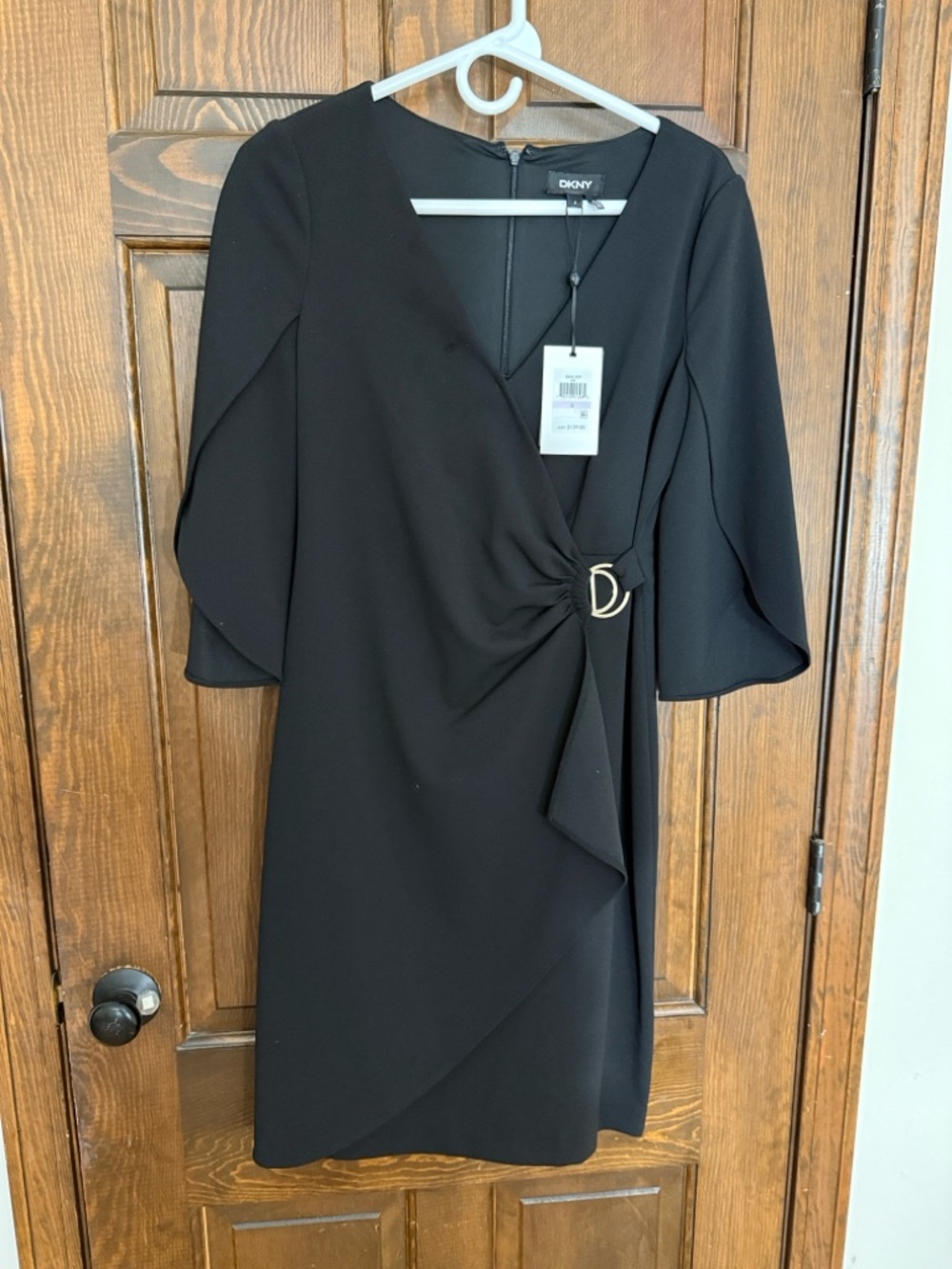 DKNY Black Midi Wrap-Detail Dress with Buckle